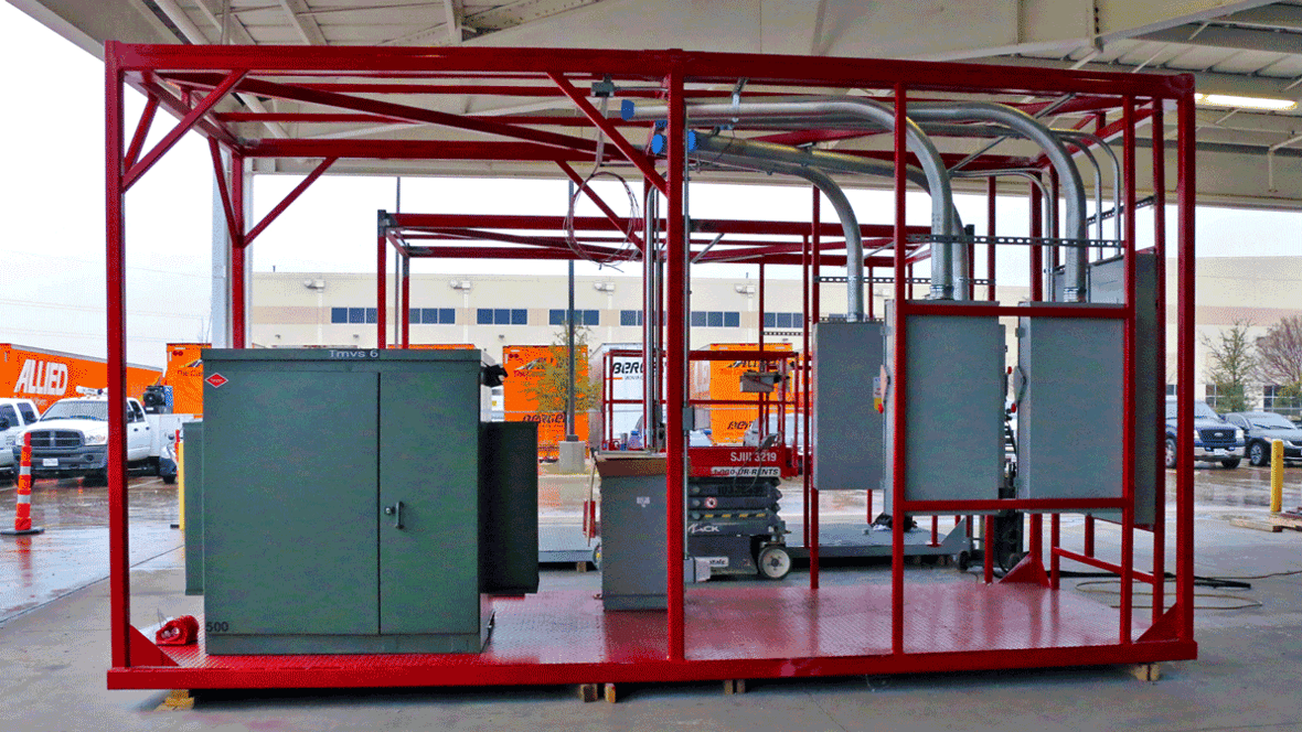view of a red prefabricated electrical skid
