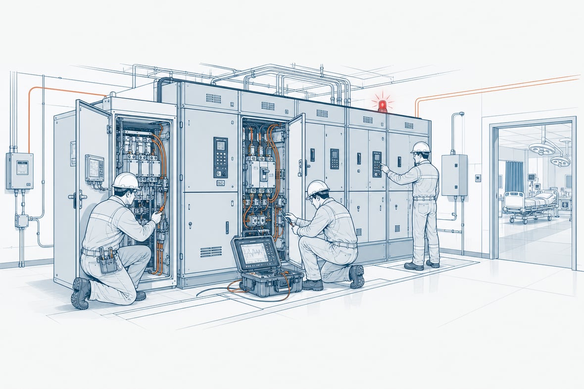 Illustration of electrical technicians performing emergency repairs on open switchgear inside a hospital utility room.