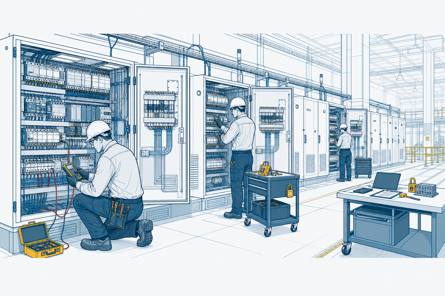 Illustration of technicians testing and servicing open control panels during a planned maintenance shutdown in a large facility.