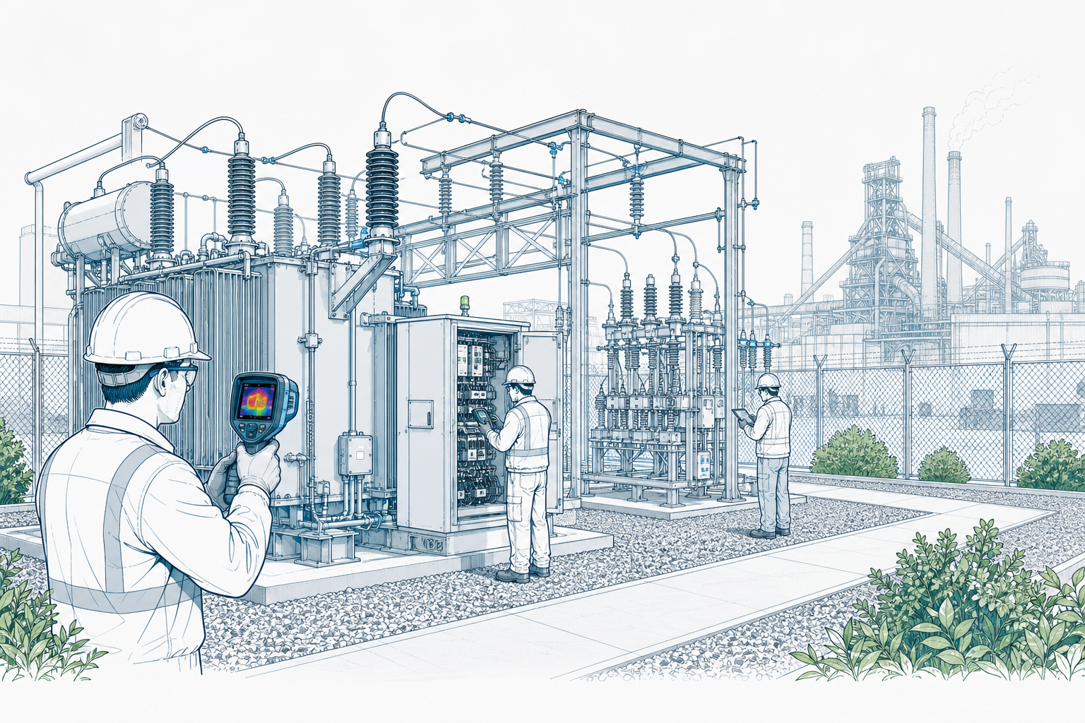 Illustration of technicians inspecting an industrial electrical substation, using thermal imaging and diagnostic equipment around transformers and switchgear.