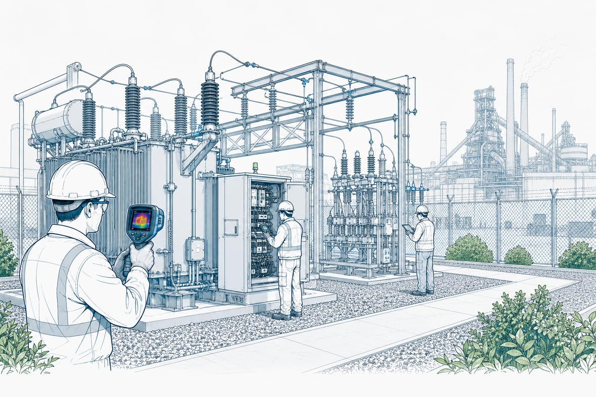Illustration of technicians inspecting an industrial electrical substation, using thermal imaging and diagnostic equipment around transformers and switchgear.