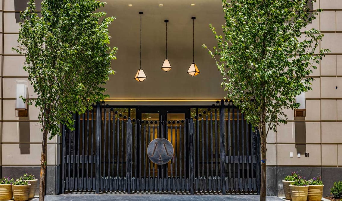 Exterior gated entrance to a historic building