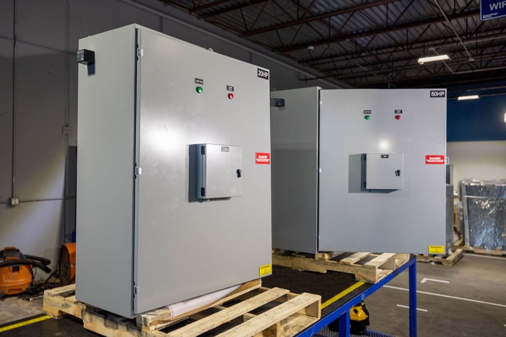 View of multiple prefabricated electrical control panels
