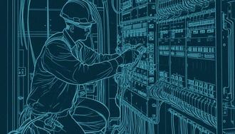 Illustrated image of an electrician working on a panel filled with wires and breakers.