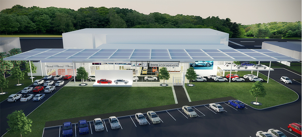 rendering of a BMW car dealership with multiple BMW cars surrounding the building