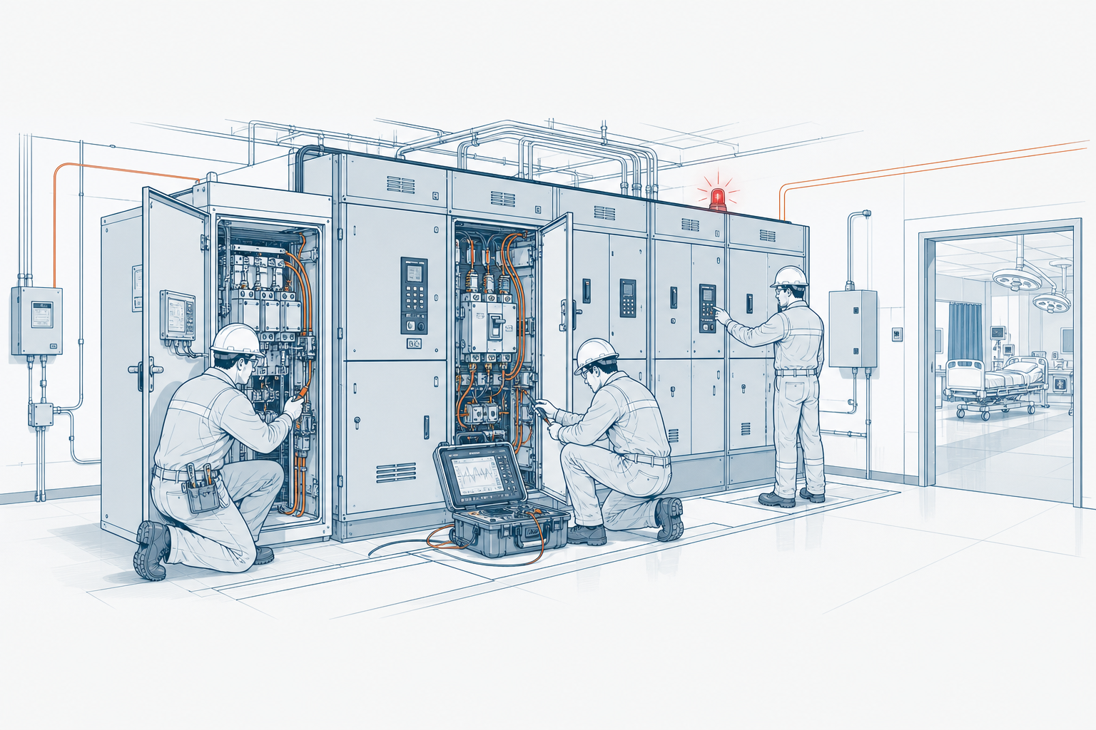 Illustration of electrical technicians performing emergency repairs on open switchgear inside a hospital utility room.