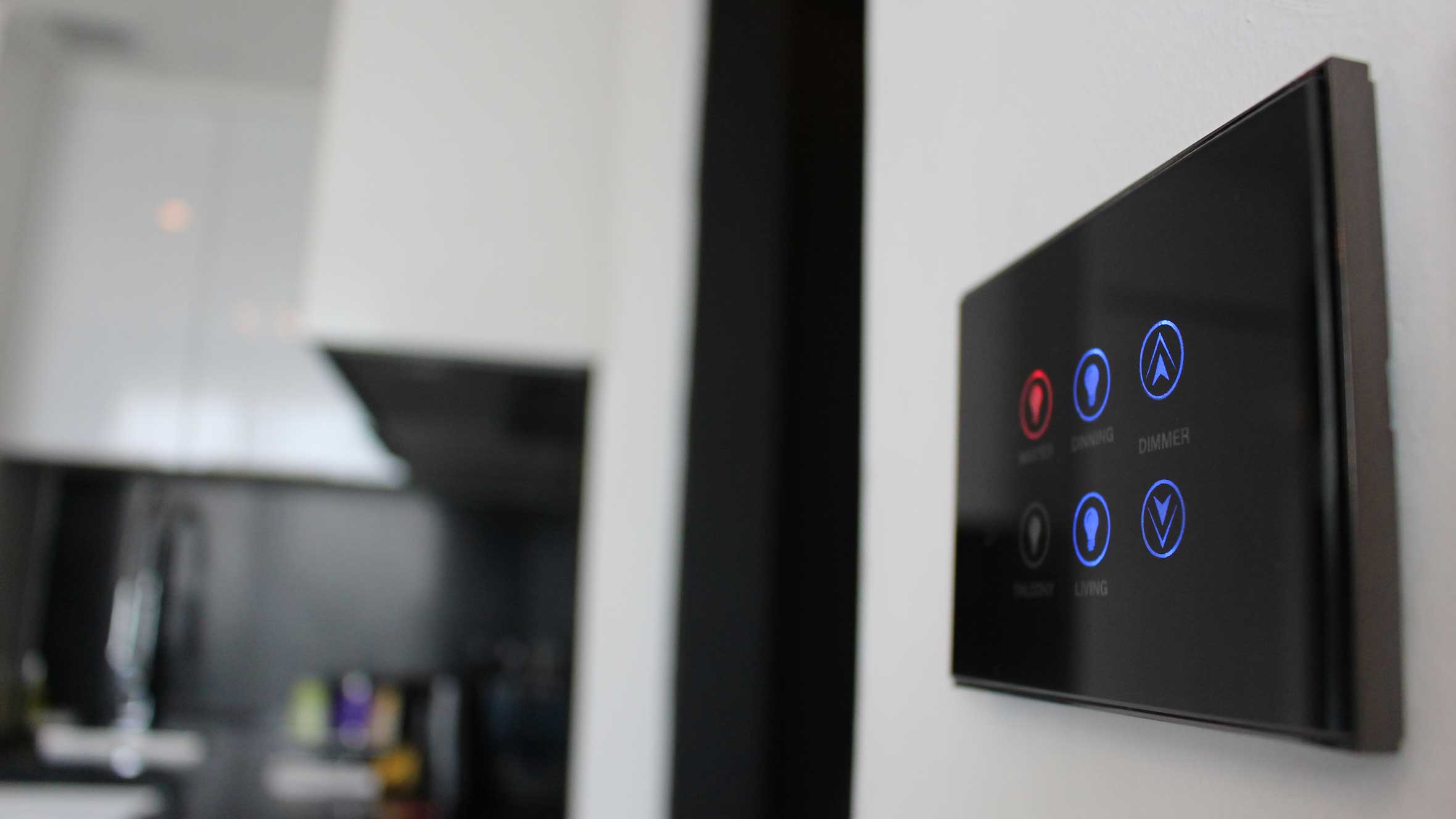 Wall mounted smart home control panel featuring touchscreen controls
