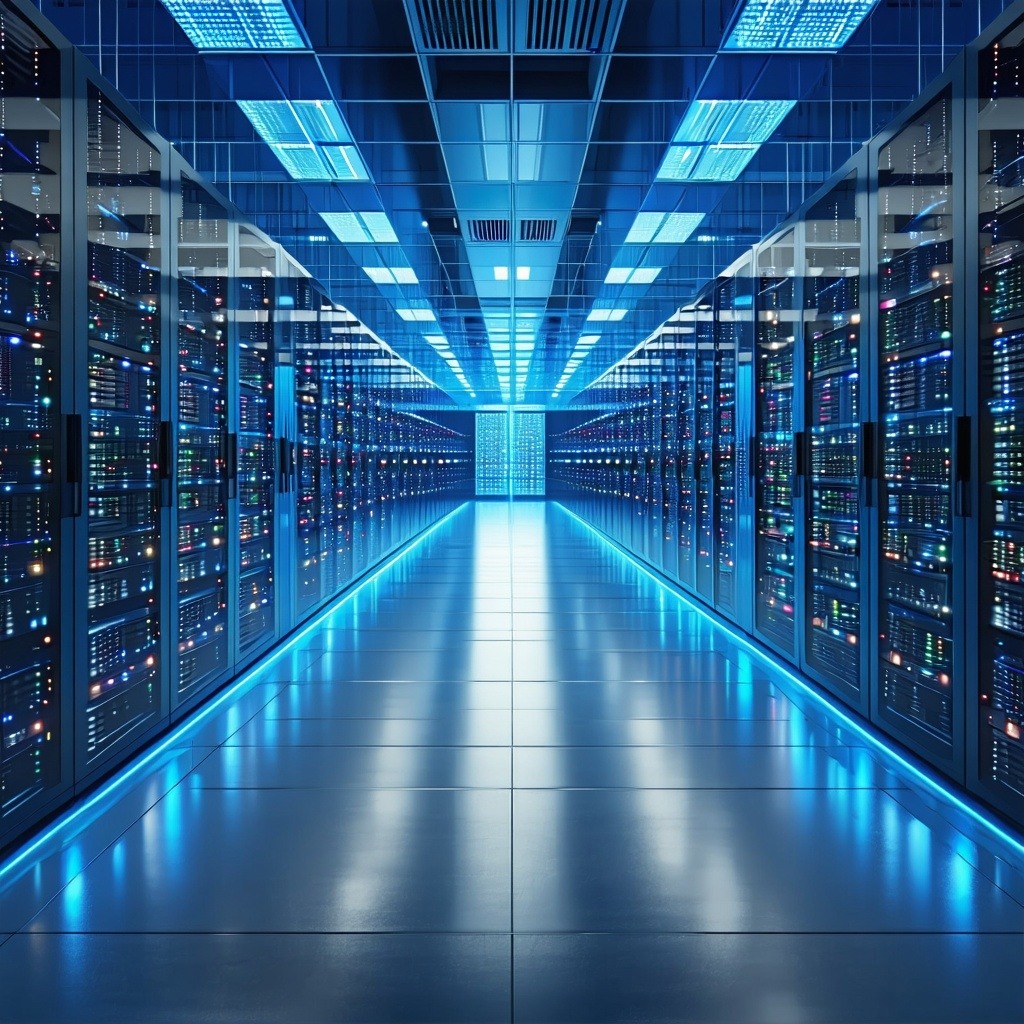 Symmetrical view of a brightly lit data center with rows of server racks and glowing network equipment