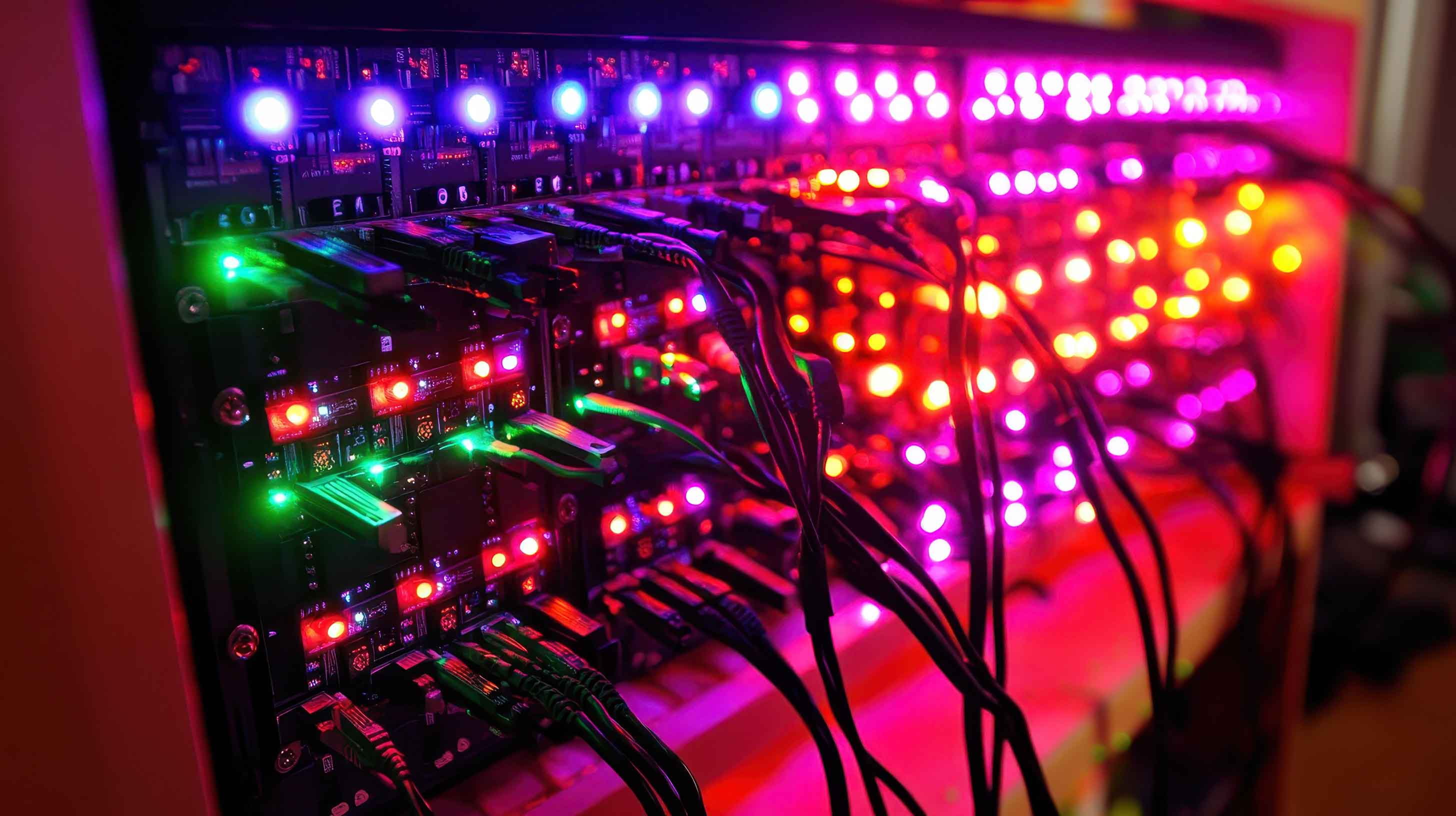 Close-up view of a networked electronic control board with illuminated multicolored LED lights and dark cabling