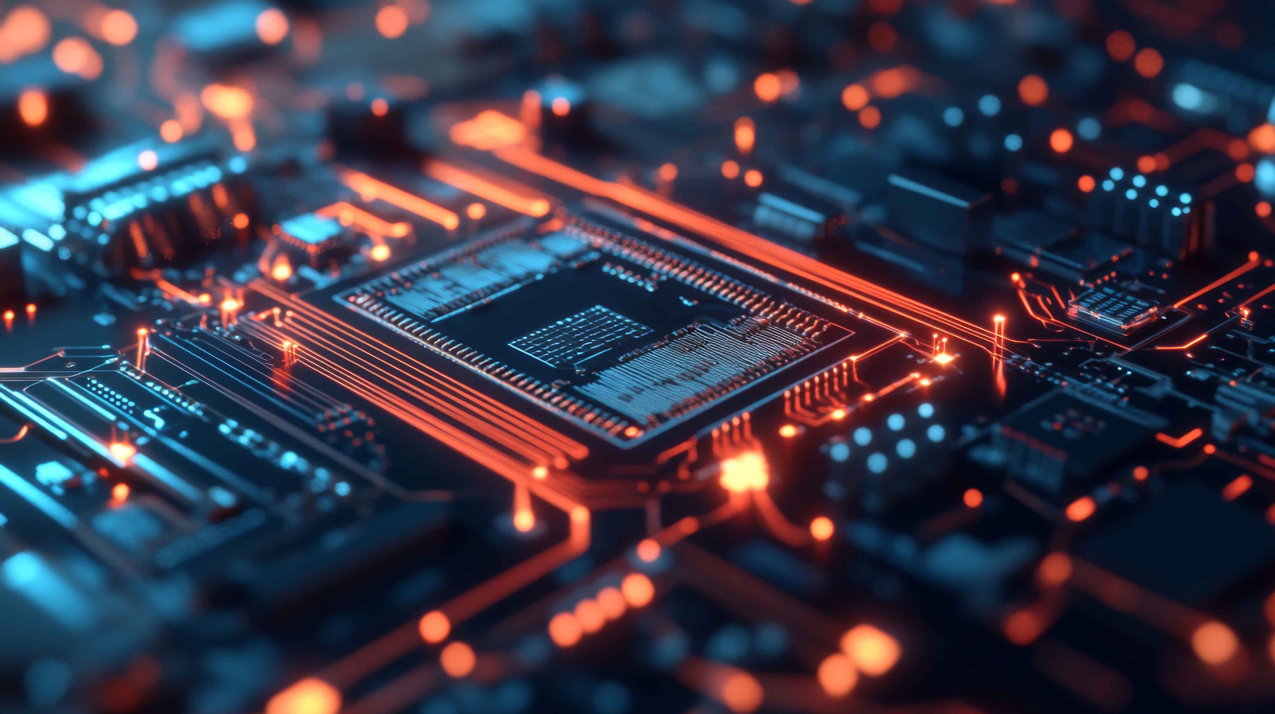 Digital rendering of a semiconductor chip with glowing circuit pathways