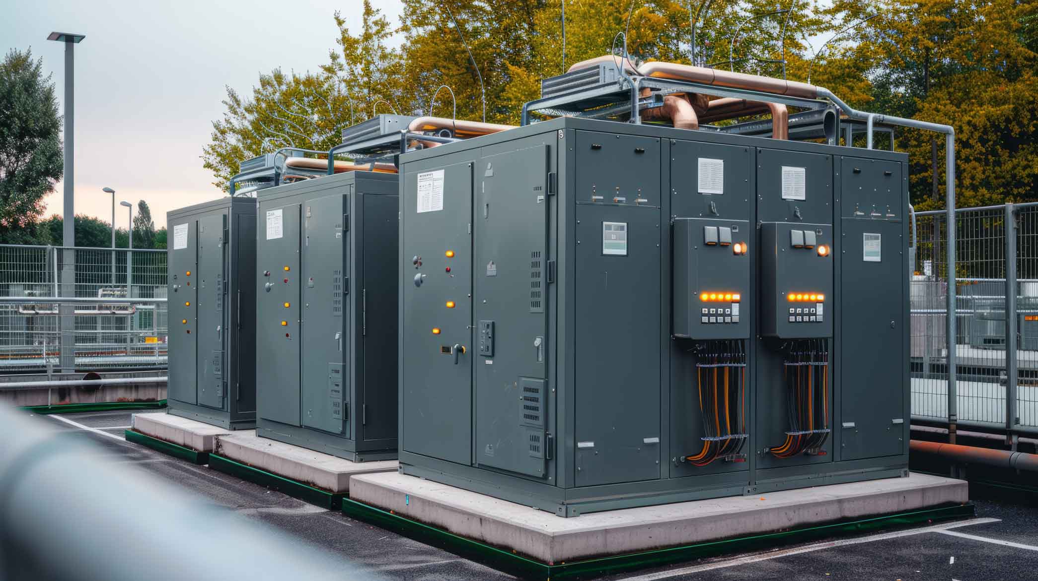 outdoor electrical transformers in a gated area