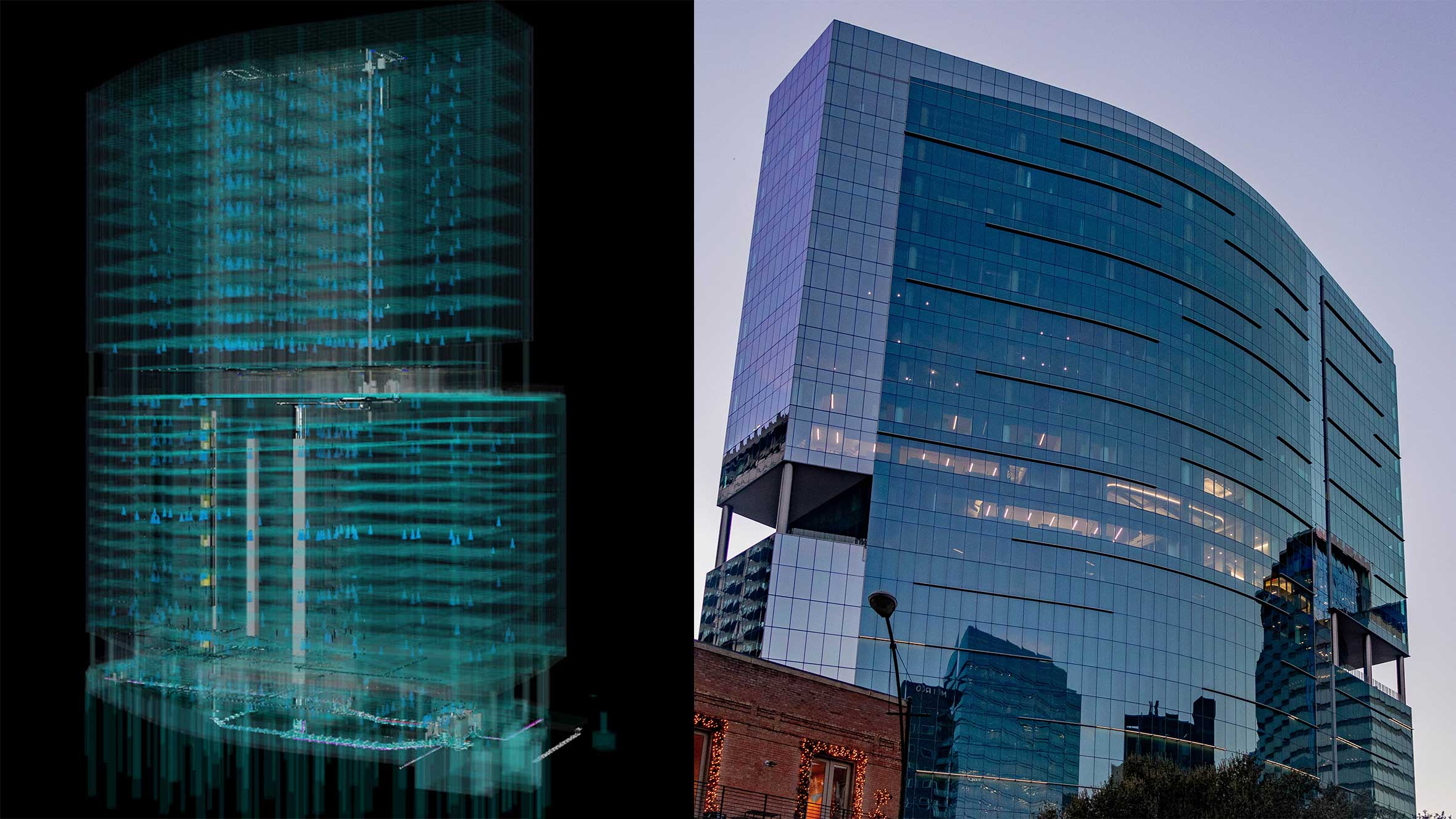 side by side view of a rendering a fully-built modern high-rise building