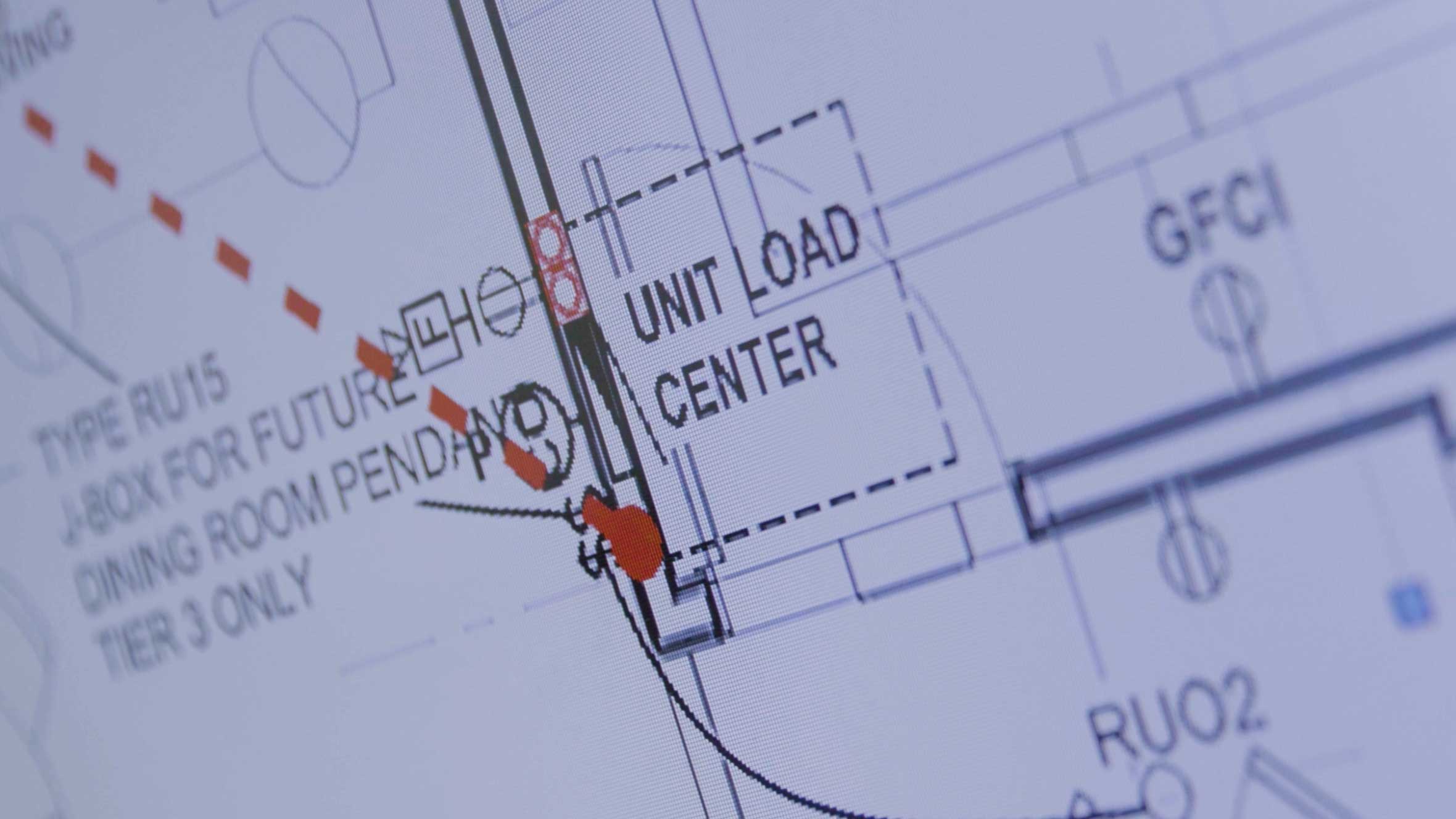Computer screen close up of building plans showing Unit Load Center