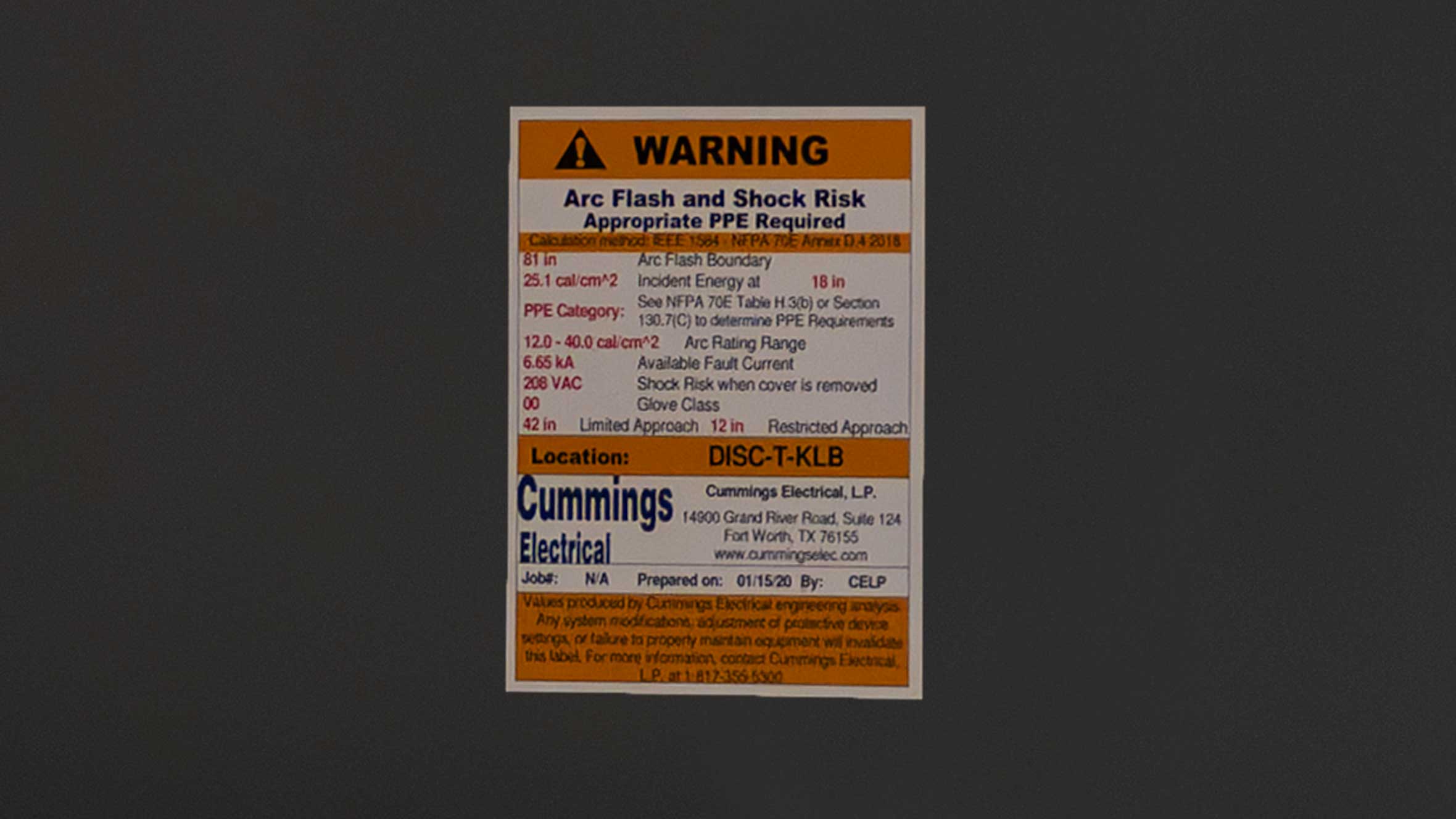 Cummings arc flash label on a panel