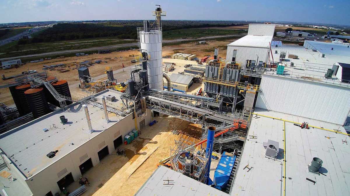 Aerial view of a industrial facility with multiple interconnected buildings