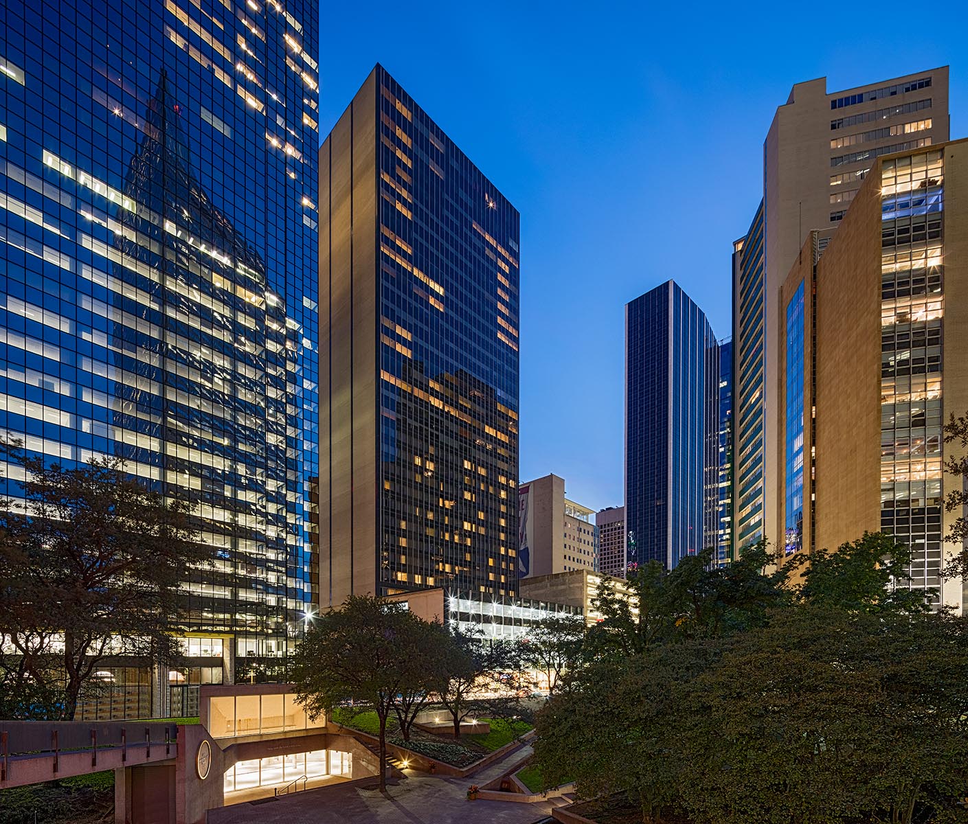 Exterior view of multiple high-rise buildings in a downtown area
