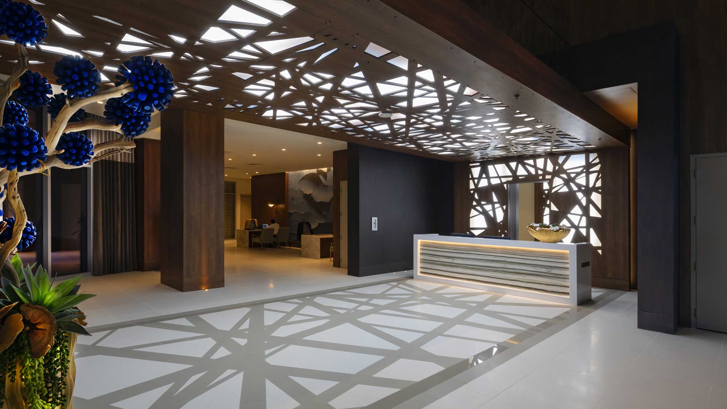 Contemporary lighting inside of a modern hotel lobby
