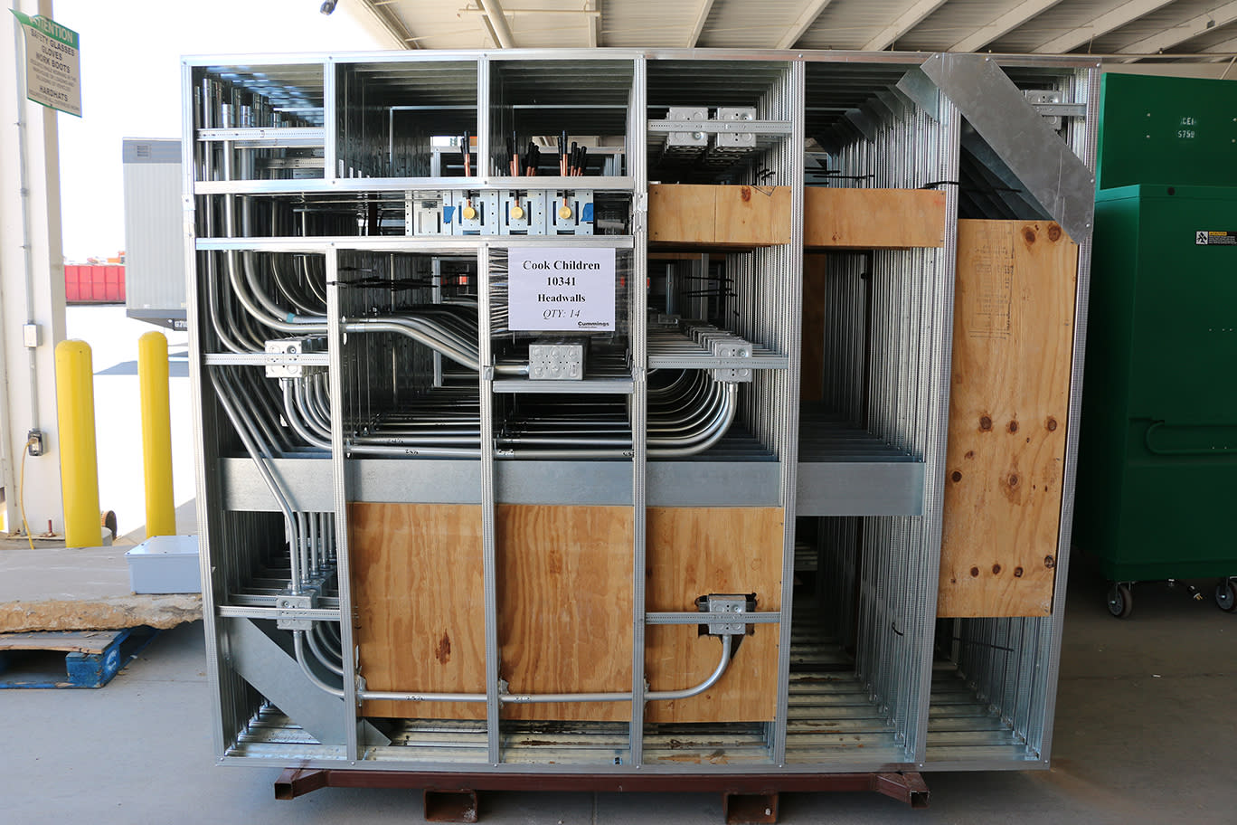 front view of a prefabricated headwall being built for medical environments