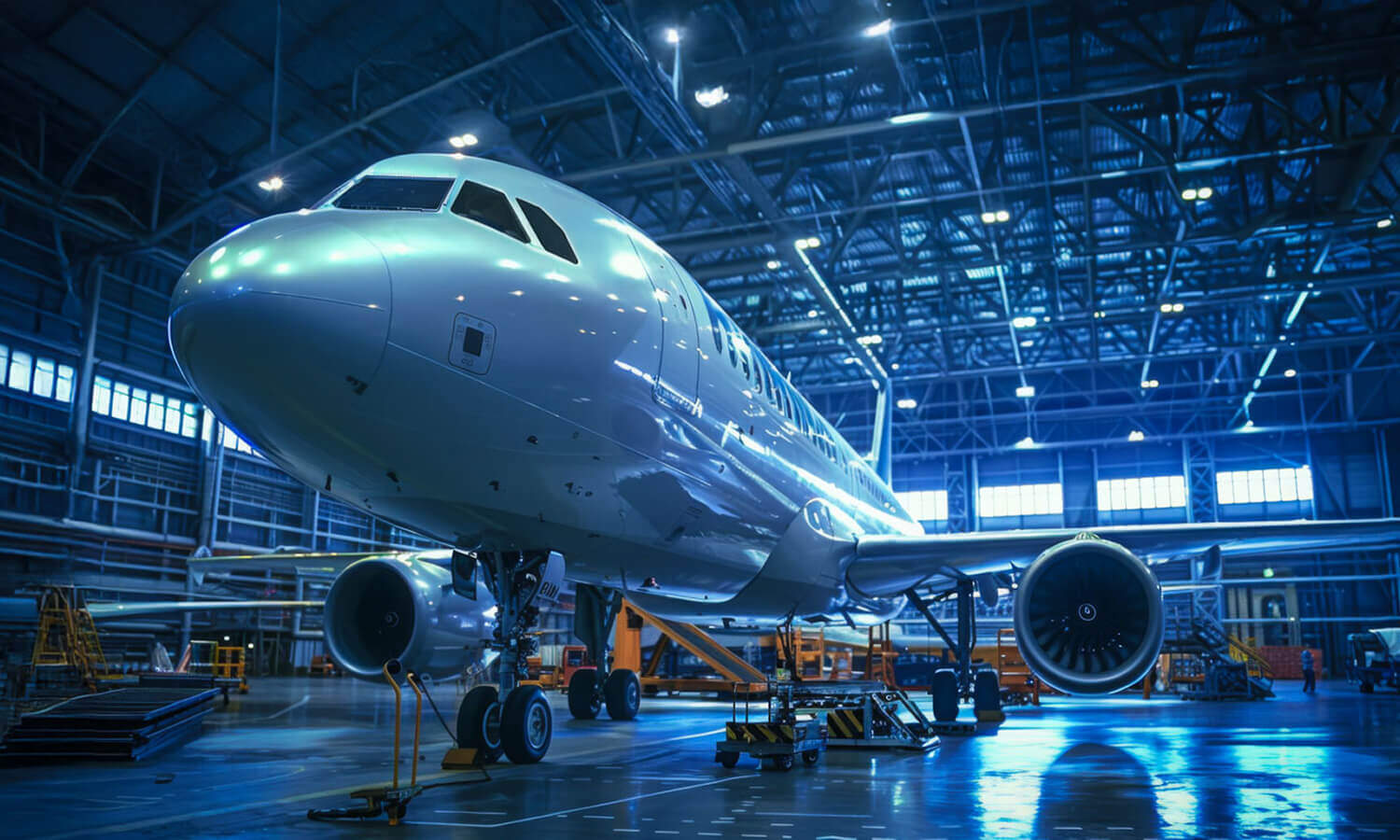 close up view of an airplane grounded inside of a closed hangar