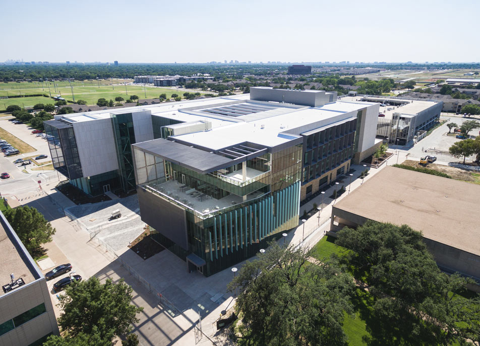 Aerial view of a modern college engineering building