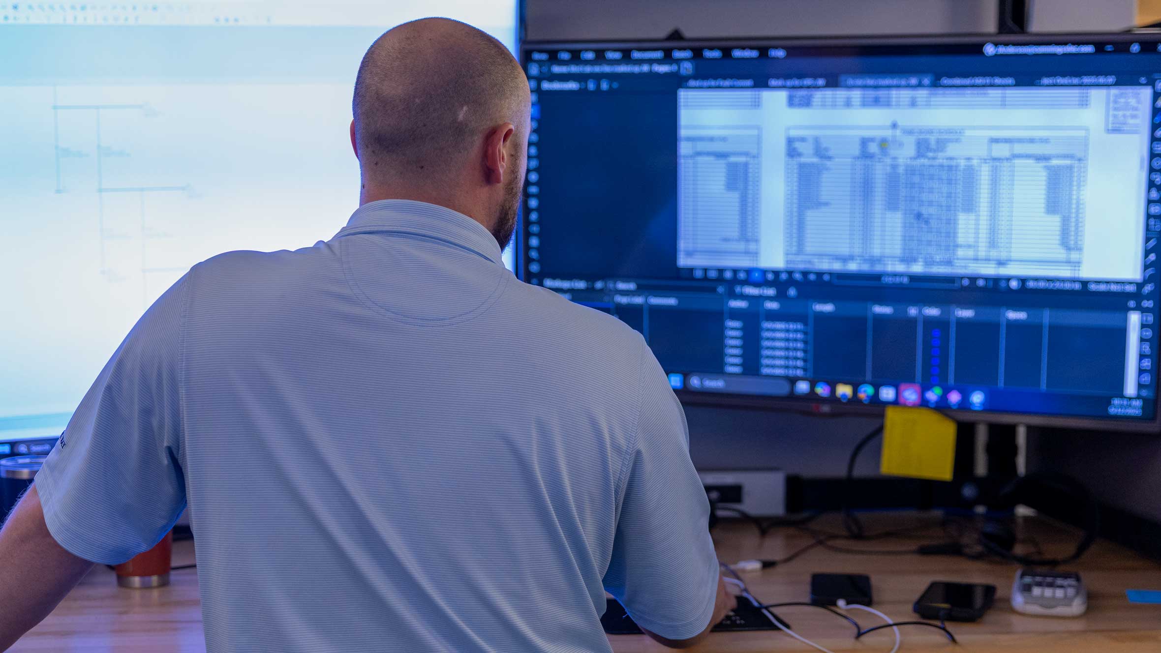 engineering team member at a desk working on a project with multiple monitors
